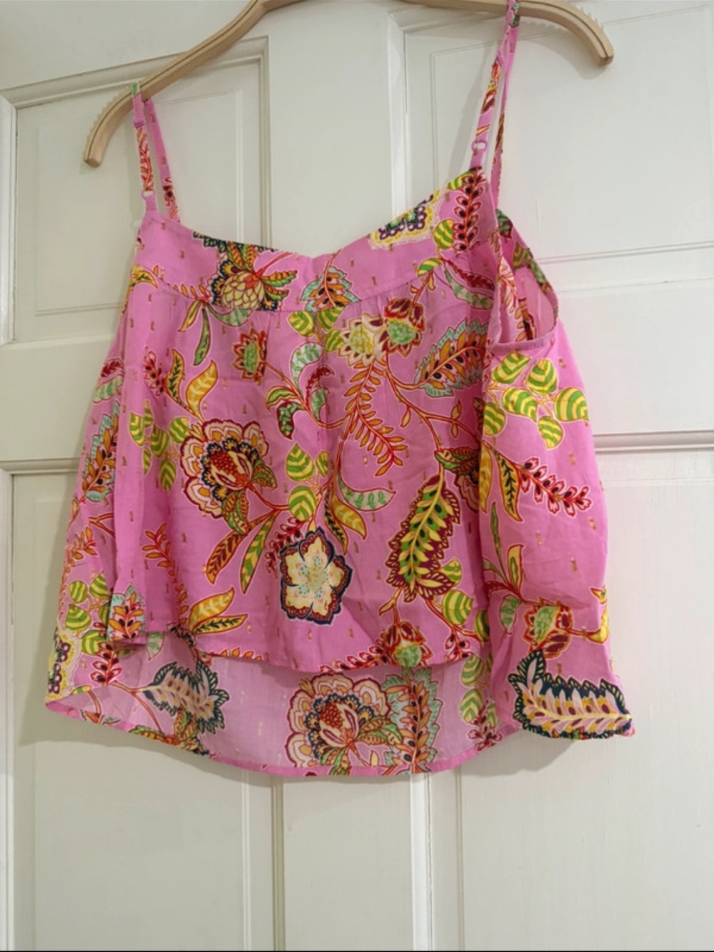 Aerie pink floral boho swing cropped tank, metallic gold stitching, size M